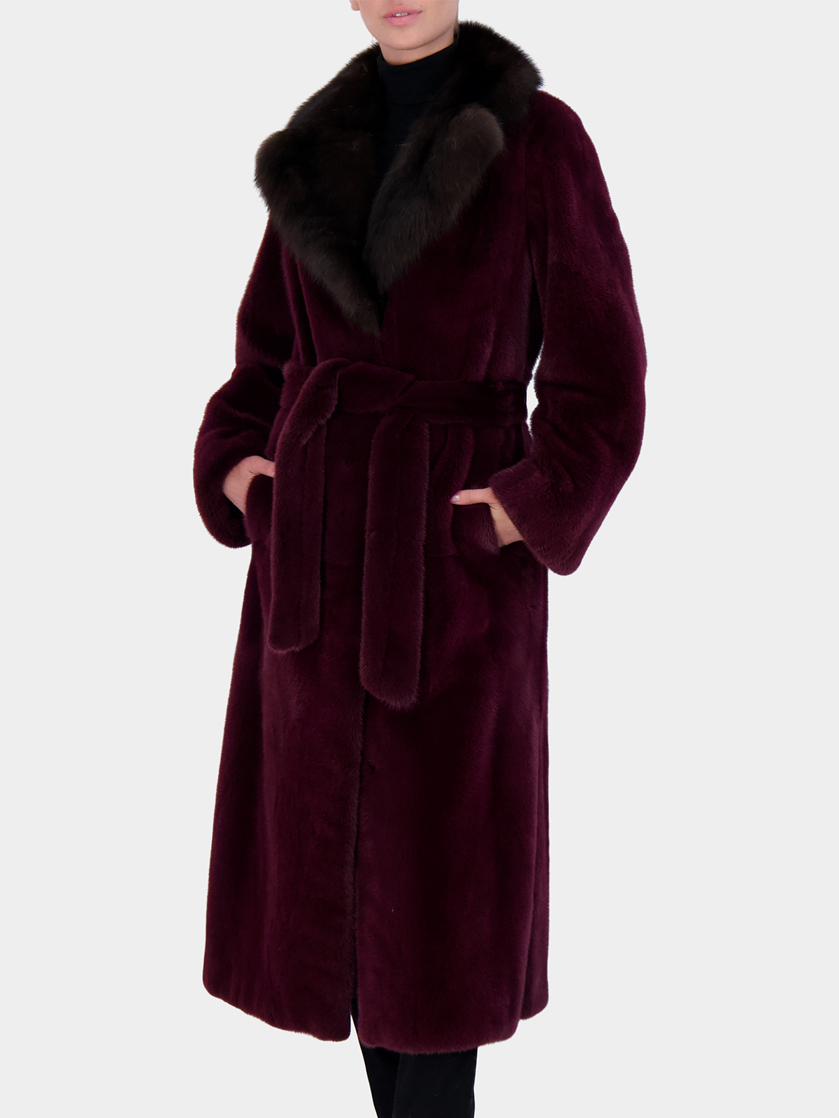 Woman's Burgundy Vertical Mink Fur Short Coat with Sable Collar