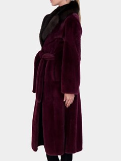 Woman's Burgundy Vertical Mink Fur Short Coat with Sable Collar