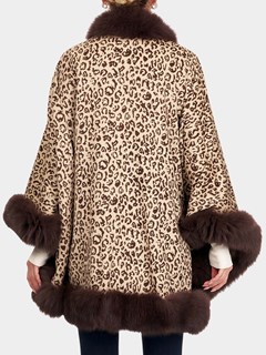 Woman's Brown Animal Print Cashmere Cape with Fox Trim