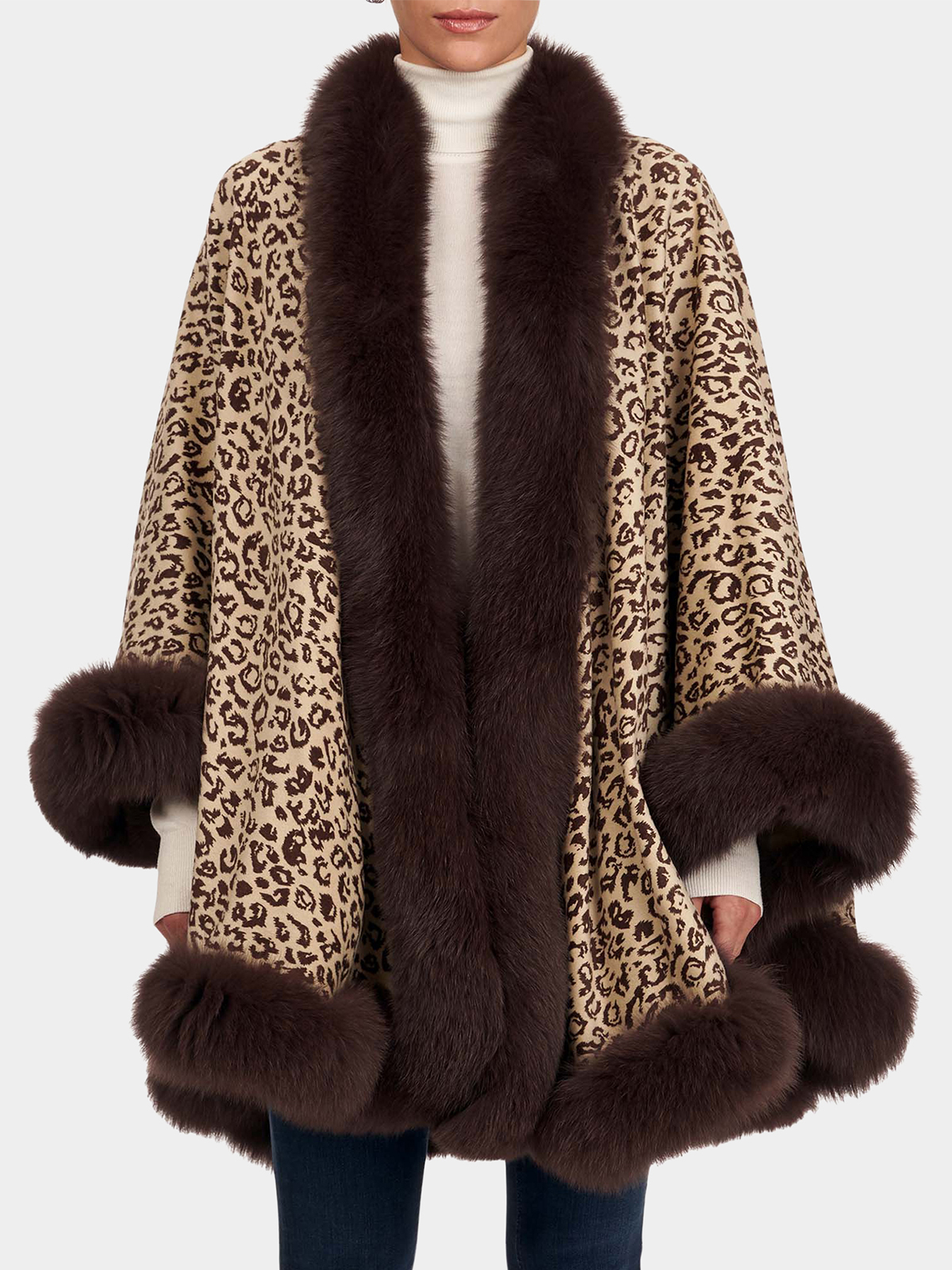 Woman's Brown Animal Print Cashmere Cape with Fox Trim