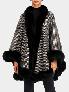 Woman's Houndstooth Cashmere Cape with Fox Trim