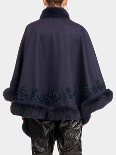 Woman's Gorski Navy Wool and Cashmere Cape with Fox Trim