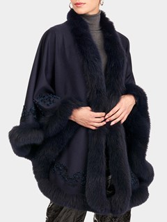Woman's Gorski Navy Wool and Cashmere Cape with Fox Trim