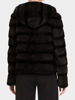 Woman's Black Horizontal Mink Fur Parka with Double Fur Hood
