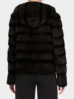 Woman's Black Horizontal Mink Fur Parka with Double Fur Hood