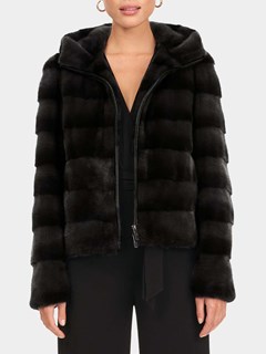 Woman's Black Horizontal Mink Fur Parka with Double Fur Hood