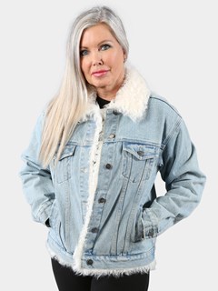 Woman's Denim Fabric Jacket with White Curly Lamb Trim