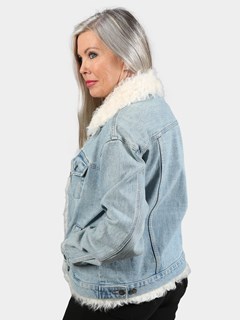Woman's Denim Fabric Jacket with White Curly Lamb Trim