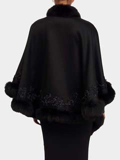 Woman's Black Wool and Cashmere Cape with Fox Trim