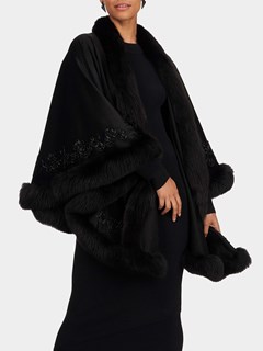 Woman's Black Wool and Cashmere Cape with Fox Trim