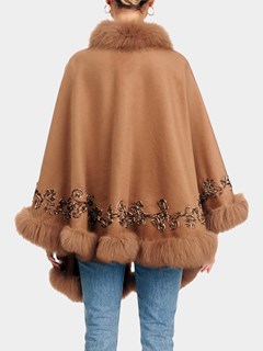 Woman's Gorski Camel Wool and Cashmere Cape with Fox Trim