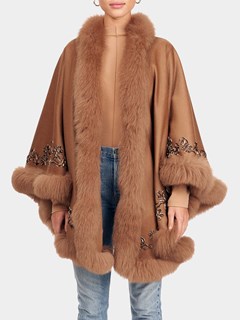 Woman's Gorski Camel Wool and Cashmere Cape with Fox Trim