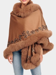 Woman's Gorski Camel Wool and Cashmere Cape with Fox Trim