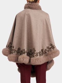Woman's Gorski Sand Wool and Cashmere Cape with Fox Trim