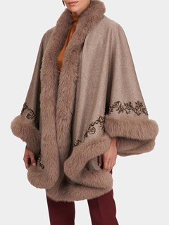 Woman's Gorski Sand Wool and Cashmere Cape with Fox Trim