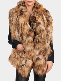 Woman's Red Fox Fur S-Cut Knit Ruffle Stole with Pockets