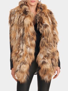 Woman's Red Fox Fur S-Cut Knit Ruffle Stole with Pockets