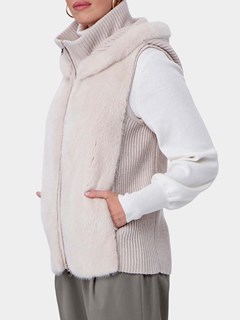 Woman's Blush Hooded Mink Fur Vest with Wool/Cashmere Blend Trim and Back