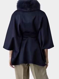 Woman's Gorski Navy Wool Belted Cape with Black Fox Collar
