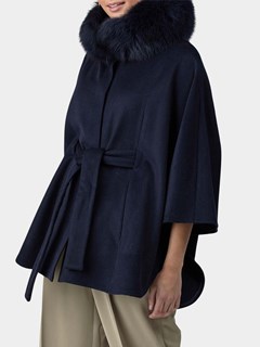 Woman's Gorski Navy Wool Belted Cape with Black Fox Collar