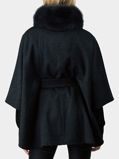 Woman's Gorski Anthracite Wool Belted Cape with Fox Collar