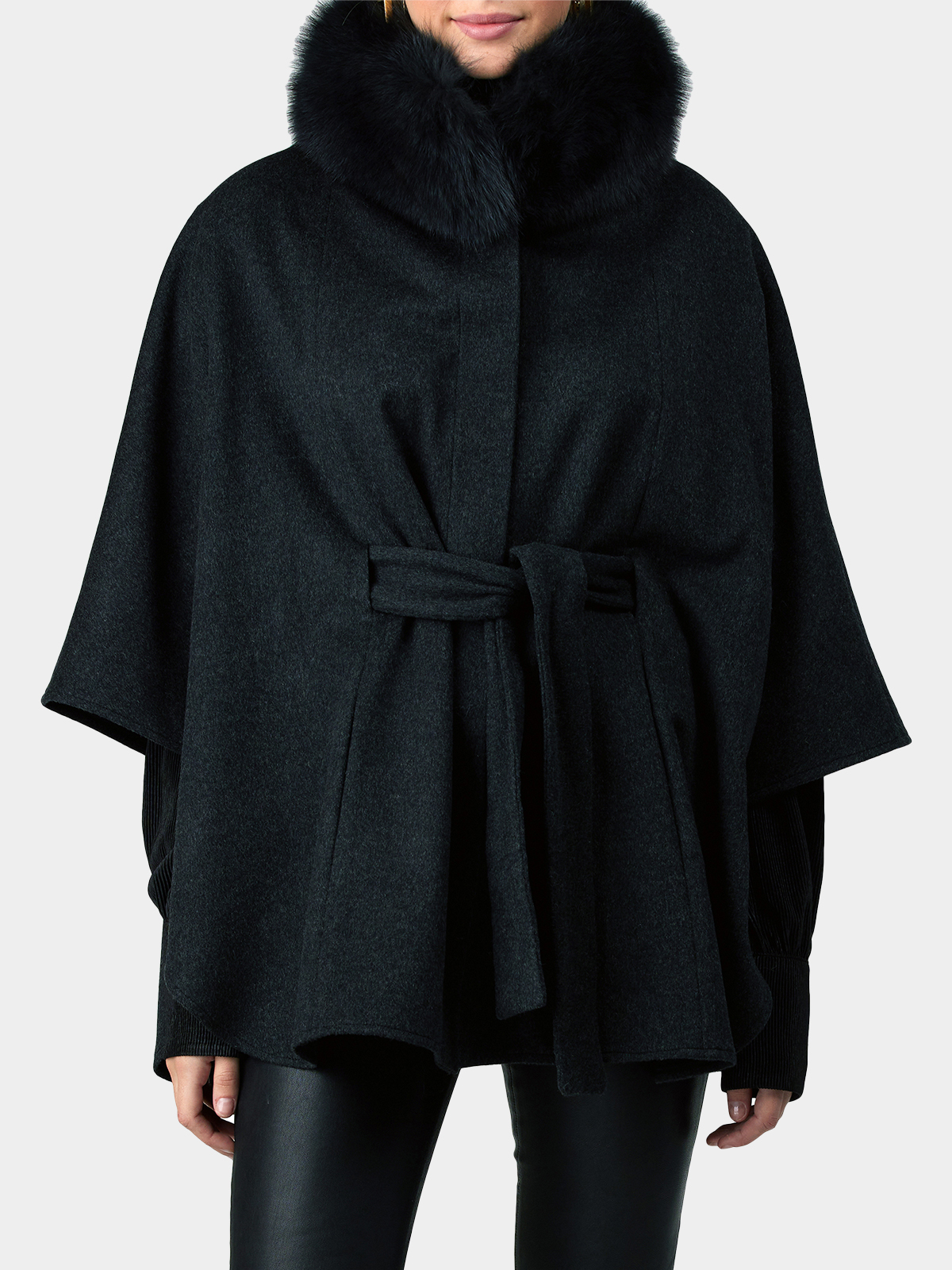 Anthracite Wool Belted Cape w/ Fox Collar by Gorski - Day Furs