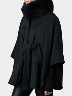 Woman's Gorski Anthracite Wool Belted Cape with Fox Collar