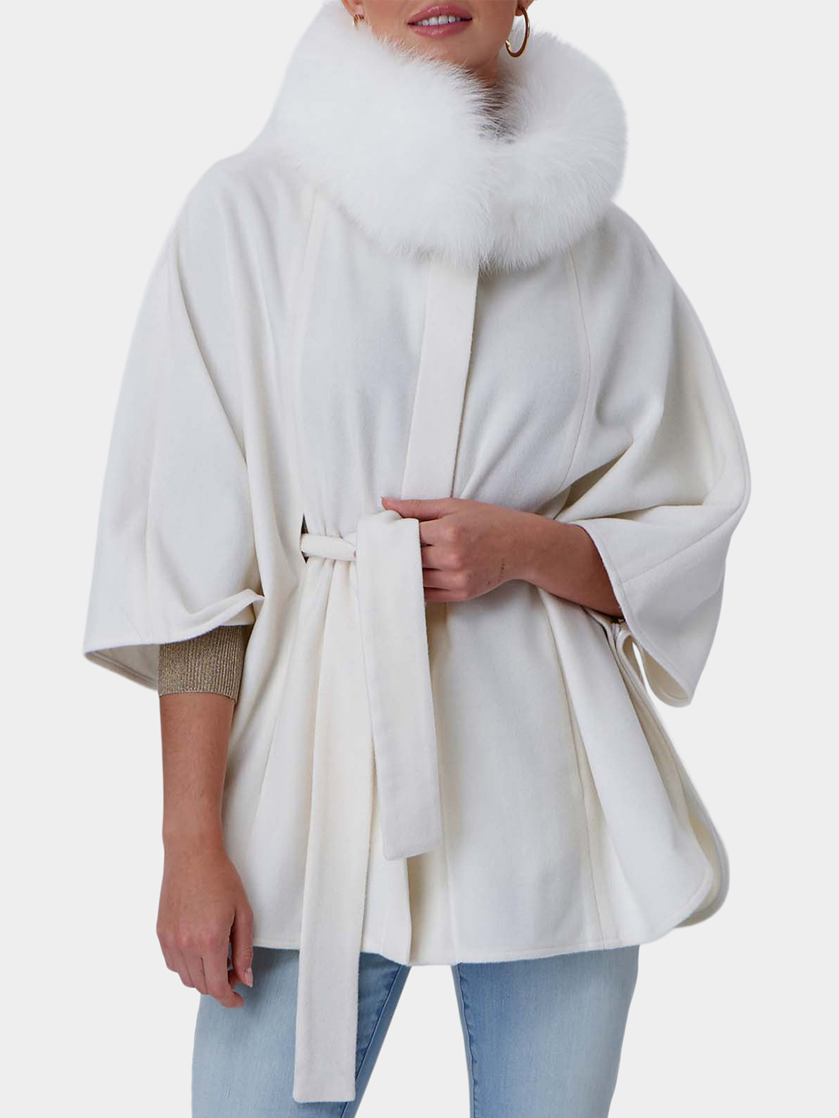 Woman's Gorski Ivory Wool Belted Cape with Shadow Fox Collar