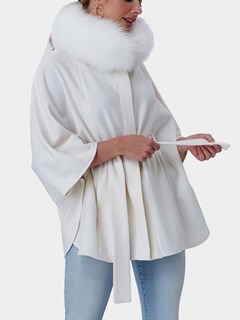 Woman's Gorski Ivory Wool Belted Cape with Shadow Fox Collar