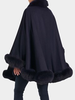 Woman's Navy Blue Cashmere Cape with Fox Trim