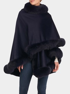 Woman's Navy Blue Cashmere Cape with Fox Trim