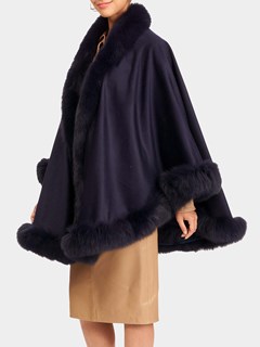 Woman's Navy Blue Cashmere Cape with Fox Trim