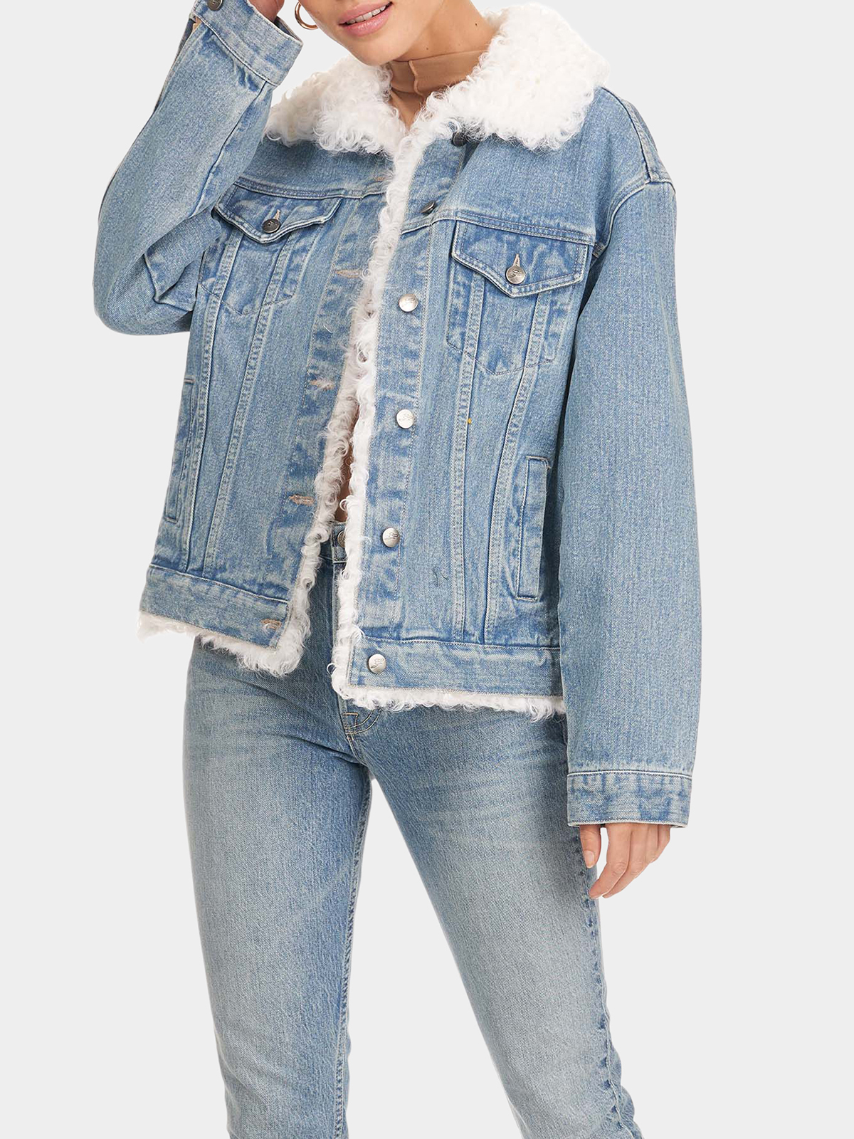 Woman's Denim Jacket with White Lamb Fur Trim