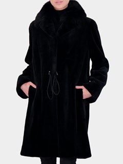 Woman's Gorski Black Sheared Mink Fur Stroller with Fox Collar