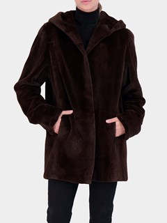 Woman's Chocolate Sheared Rex Rabbit Fur Parka with Hood