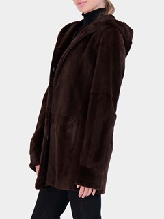 Woman's Chocolate Sheared Rex Rabbit Fur Parka with Hood