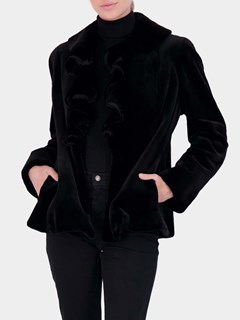 Woman's Black Sheared Mink Fur Jacket with Ruffle Collar and Bottom