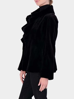 Woman's Black Sheared Mink Fur Jacket with Ruffle Collar and Bottom