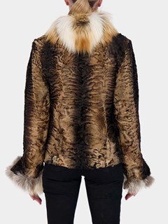 Woman's Gold Lamb Fur Jacket with Contrasting Fox Trim