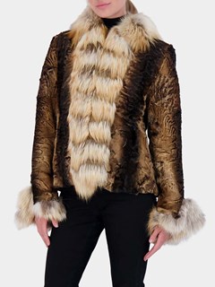 Woman's Gold Lamb Fur Jacket with Contrasting Fox Trim