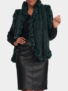 Woman's Emerald T-Cut Knit Mink Fur Ruffle Shawl