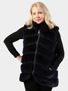 Woman's Navy Suede and Rex Rabbit Fur Vest