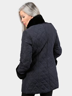 Woman's Navy Fabric and Rex Rabbit Fur Jacket