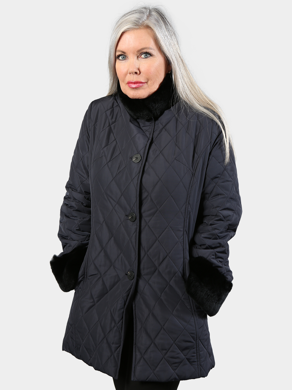 Woman's Navy Fabric and Rex Rabbit Fur Jacket