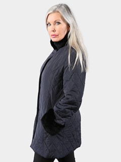 Woman's Navy Fabric and Rex Rabbit Fur Jacket
