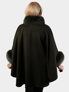 Woman's Loro Piana Forest Green Cashmere Cape with Fox Collar and Cuffs