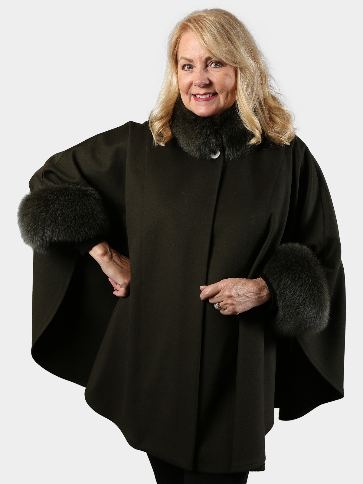 Woman's Loro Piana Forest Green Cashmere Cape with Fox Collar and Cuffs