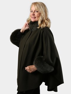 Woman's Loro Piana Forest Green Cashmere Cape with Fox Collar and Cuffs