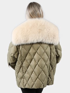 Woman's Army Green Quilted Goose Down Jacket with Fox Collar and Tuxedo Front