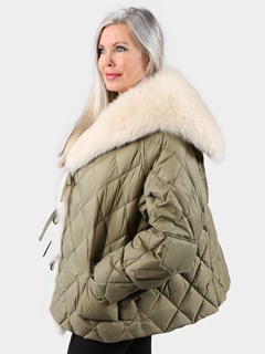 Woman's Army Green Quilted Goose Down Jacket with Fox Collar and Tuxedo Front